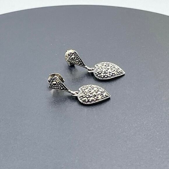 Sterling Silver 925 Marcasite Heart Drop Dangle Pierced Earrings - Picture 13 of 15